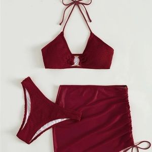 Textured Bikini Set Bra&Cheeky Bottom&Cover Up Skirt 3 Piece Bathing Suit